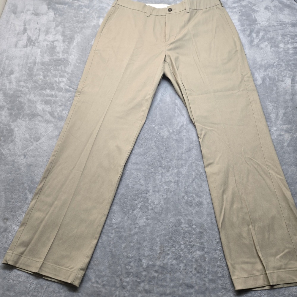 George Mens Chino Pants 36x32 Khaki‎ Tan Flat Front Straight Leg Twill Trousers